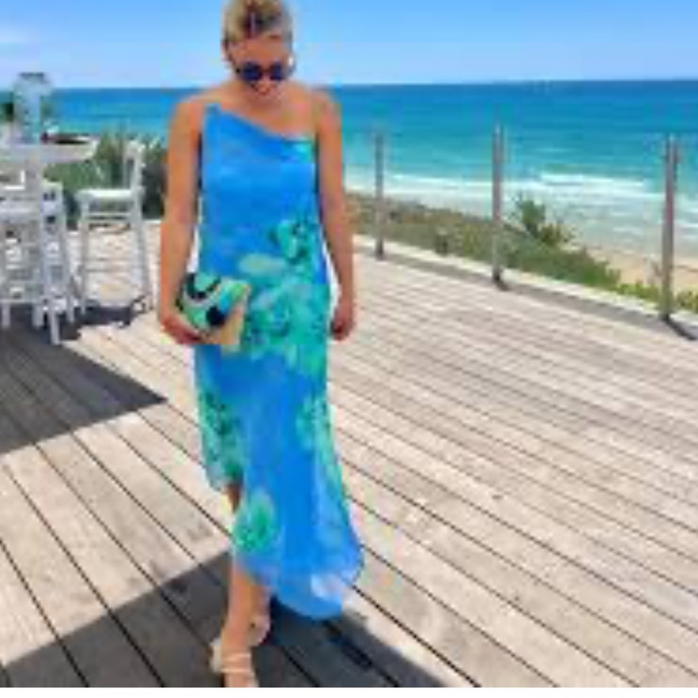 Mango Asymmetric Floral Blue Dress Sz L